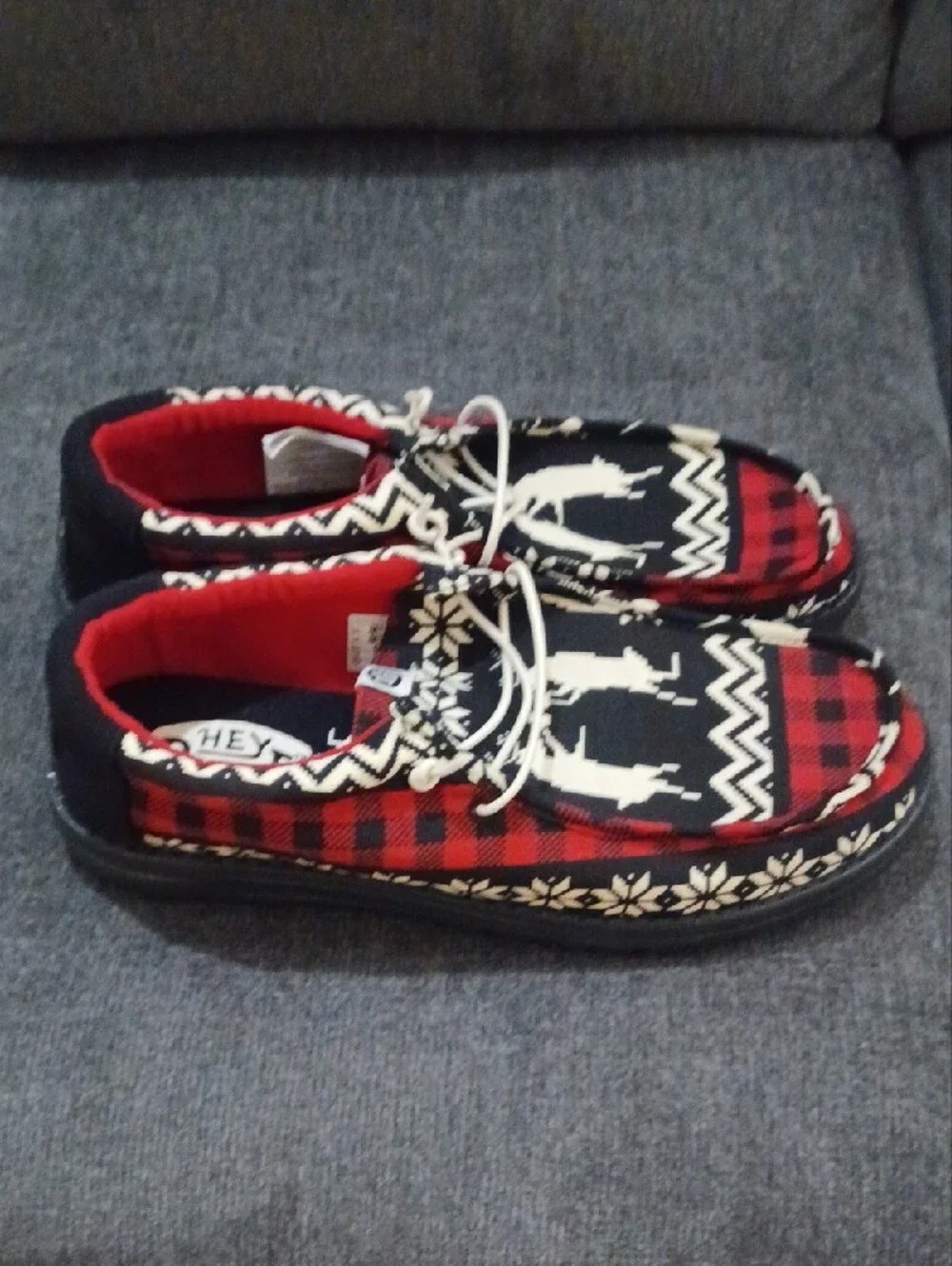 Hey Dude Men's Red, Black & White Patterned Boat Shoes